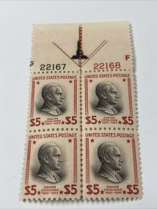 US 834 Calvin Coolidge $5 Plate Block Of 4 Superb Mint Never Hinged With Arrow