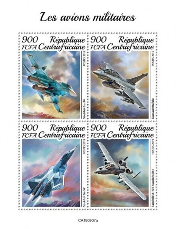 Central Africa - 2019 Military Planes - 4 Stamp Sheet - CA190907a