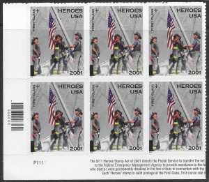 US B2 MNH Plate Block of 6  P1111  Heroes Stamp Act of 2001.  Awesome.