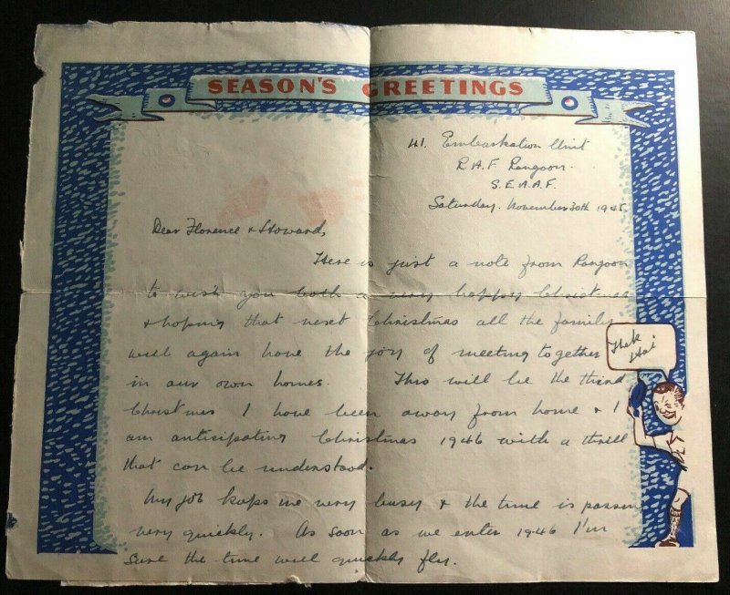 1945 Rangoon Burma RAFPOST Xmas Air Letter Cover To Potters Bar England