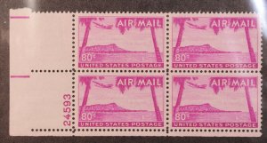 Scott C46 80 Cents Hawaii Plate Block LL 24593 MNH SCV $19.00