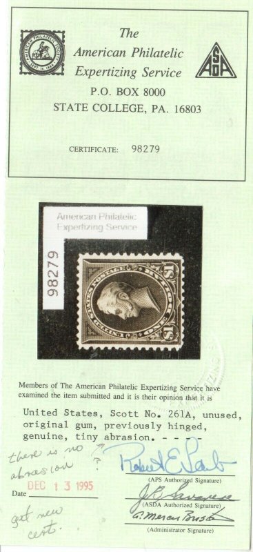 USA #261a Very Fine Mint Lightly Hinged Certificate Mentions Abrasion
