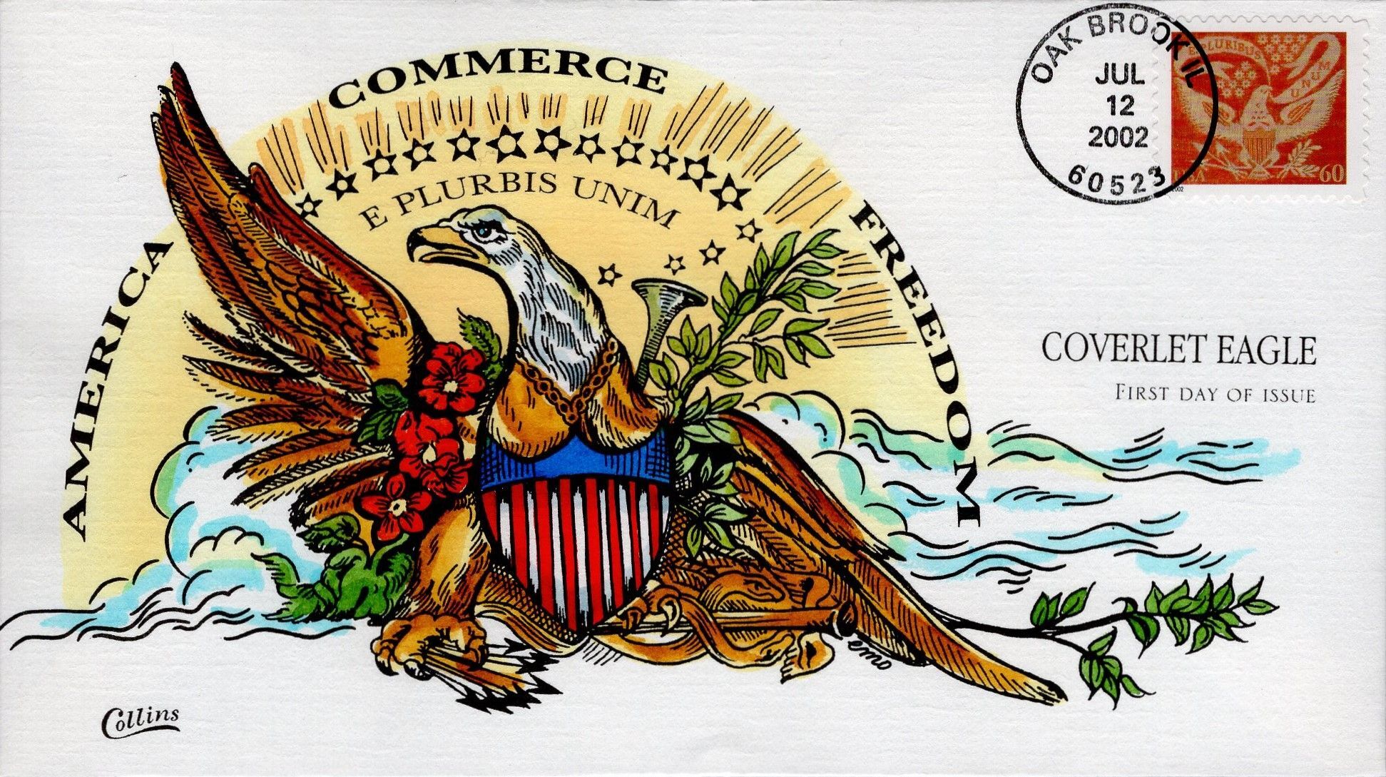 Fred Collins Hand Painted FDC for the 2002 60c Coverlet Eagle Stamp ...