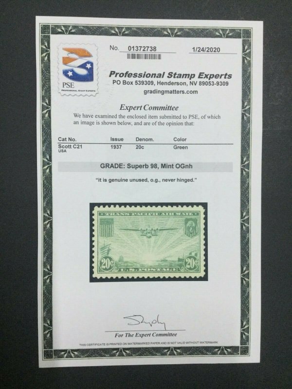 MOMEN: US STAMPS #C21 MINT OG NH PSE GRADED CERT SUP-98