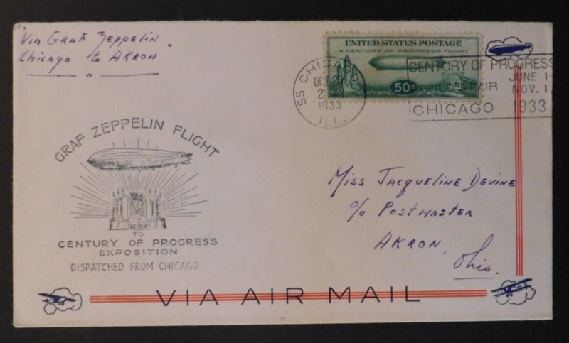 1933 Chicago IL USA Graf Zeppelin Century Of Progress cover #C18 To Akron OH