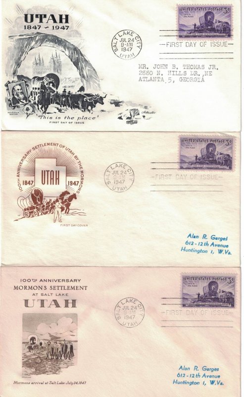 #950 FDC, 3c Utah Centennial, 3 diff. cachets