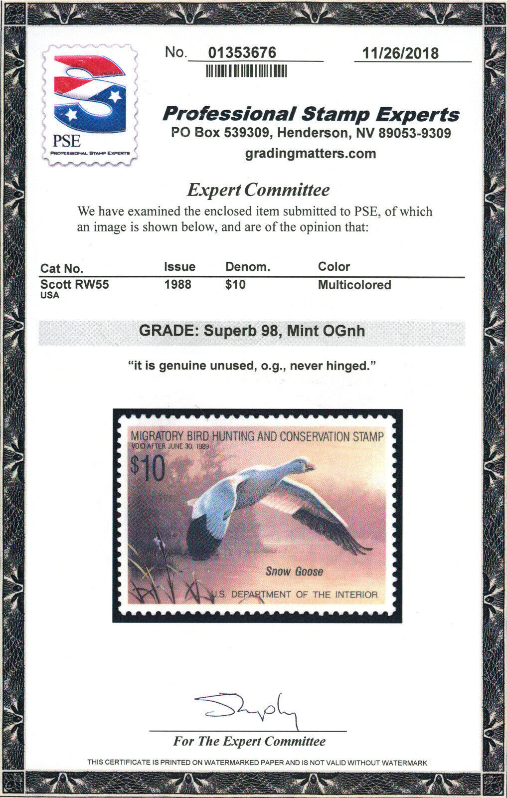 USA Scott RW 55 Mint NH PSE 98 SMQ 160 (53497) United States, Stamp