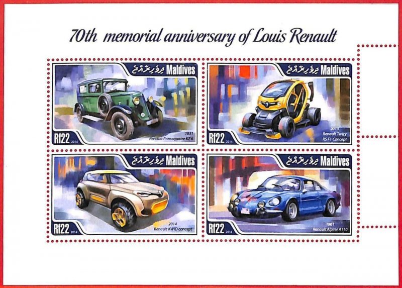 A4068 - MALDIVES - ERROR MISPERF. Miniature sheet: 2014, Cars, Louis Renault