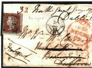 FRANCE Cover Boulogne GB IRELAND Forwarded Dublin  Blackrock 1d Red 1852 J98b