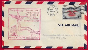 US SCOTT#C23 1938 6c AIRMAIL MONACA PA. AIRMAIL WEEK CACHETED COVER -USED/SEALED
