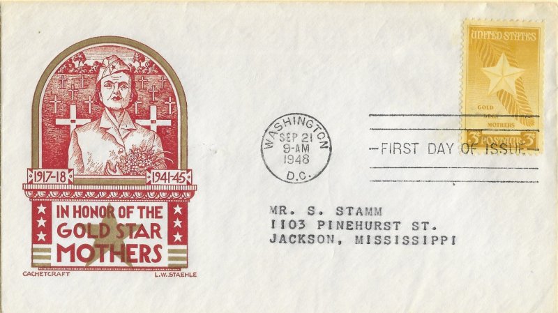 1948 FDC, #969, 3c Gold Star Mothers, CC/Staehle