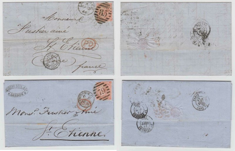 GB 1865-66 Sc 43a PL 7 LETTER & ELS DUPLEX 85 & 79 PTMKS TO FRANCE SCV$400+ 