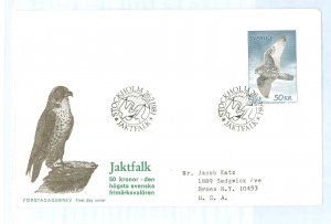 Sweden 1351 50kr Gyrfalcon (bird) single on an addressed & cacheted FDC/with corner bumps.