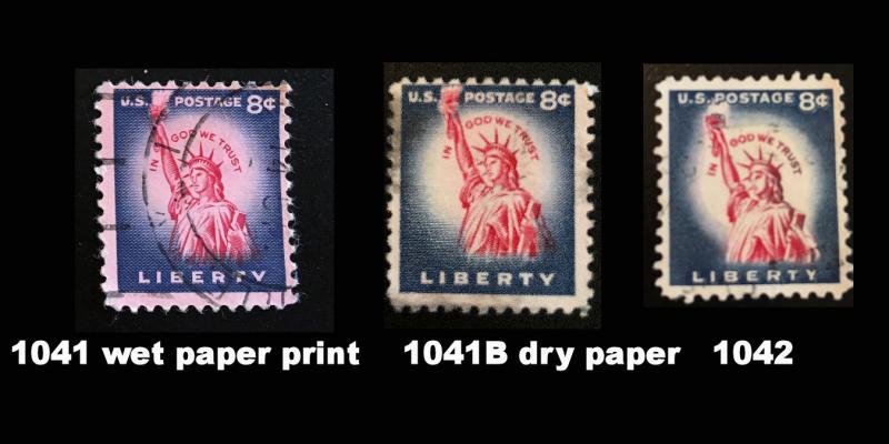 1041, 1041B, 1042 Statue of Liberty, 3 stamp comparison of printing techniques