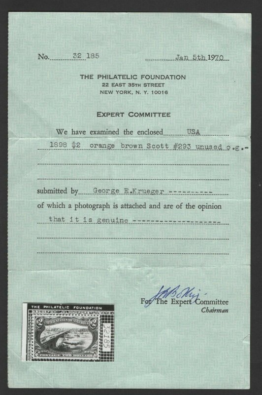 Scott #293 mint OG, Hinged PF Cert. XF  (LB 10/21)