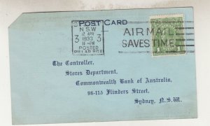 AUSTRALIA, KGV 1d. Green, Postal Card,1933 Commonwealth Bank, Pay Envelope Order