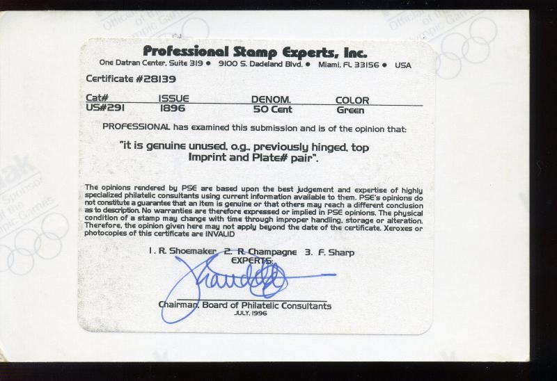 Scott #291 Trans-Mississip​​​​pi Top Plate # Pair w/PSE Cert (Stock 291-61)