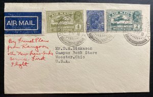 1933 Rangoon India First Flight Airmail cover FFC To Wooster OH USA