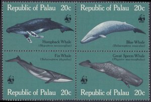 Palau #27a, Complete Set, Block of 4, 1983, Whales, World Wildlife Fund, Neve...