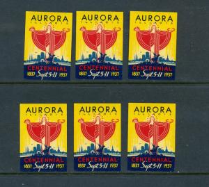 6 VINTAGE 1837-1937  AURORA ILLINOIS CENTENNIAL POSTER STAMPS (L484) SEPT 5-11