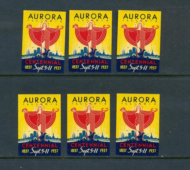 6 VINTAGE 1837-1937  AURORA ILLINOIS CENTENNIAL POSTER STAMPS (L484) SEPT 5-11