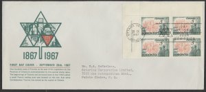 1967 #475 5c Toronto Centenary FDC Plate Block Schering Cachet Ottawa