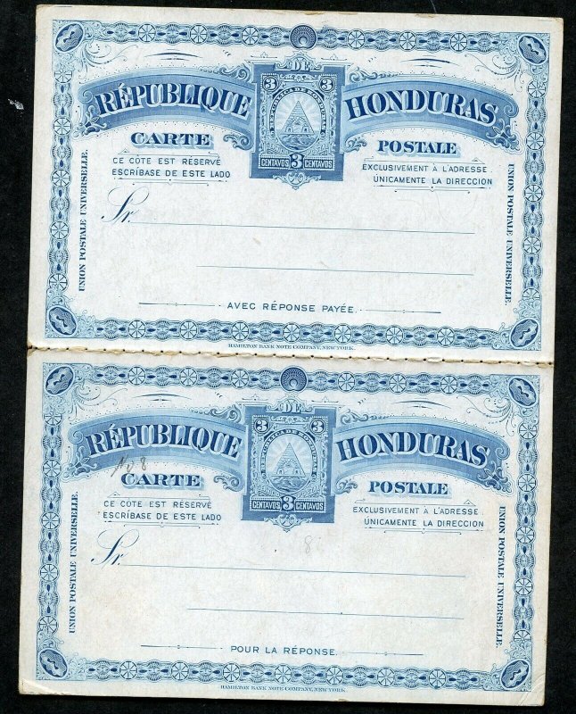 HONDURAS UPU 1890 HG 8 MINT 3+3C DOUBLE CARD BLUE ON WHITE AS SHOWN