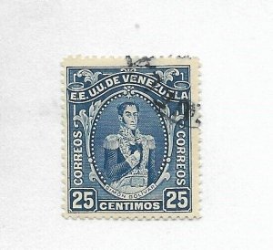 VENEZUELA 1914 GRAL BOLIVAR MILITARY HISTORY 25C BLUE USED SCOTT 258 MICHEL 95