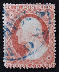 U.S. Used Stamp Scott # 25 3c Washington. Blue Town Cancel. Scott: $175.00