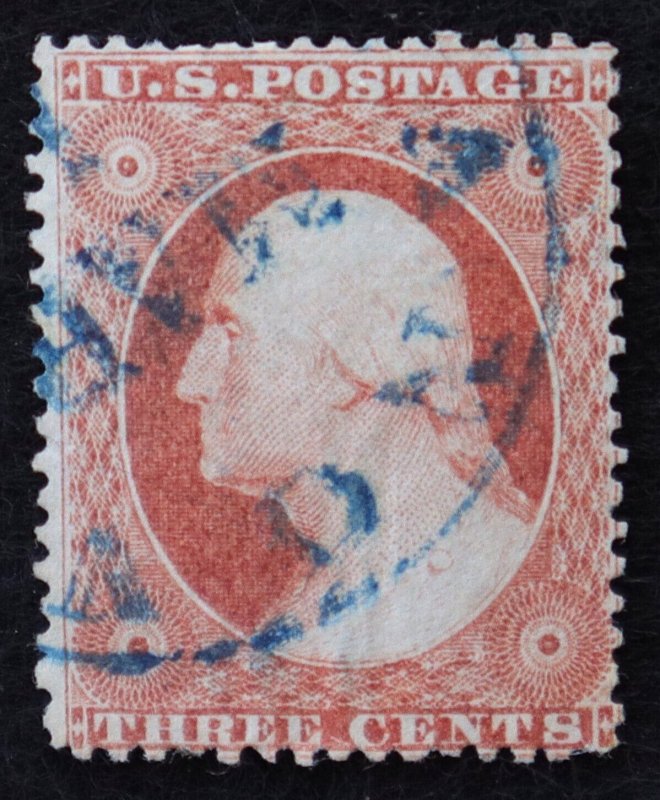 U.S. Used Stamp Scott # 25 3c Washington. Blue Town Cancel. Scott: $175.00