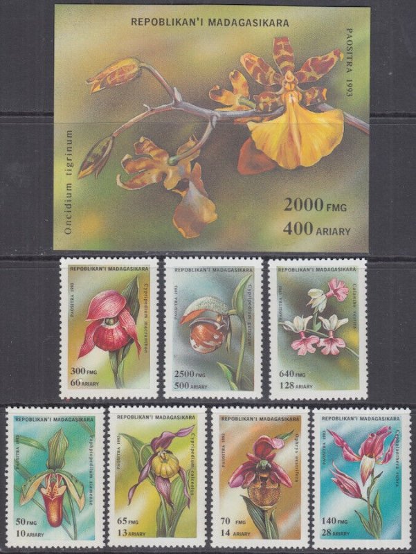 MALAGASY REPUBLIC Sc # 1272-9 CPL MNH SET of 7 + S/S VARIOUS ORCHIDS