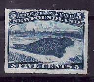 Newfoundland-Sc#40- id13-unused no gum rouletted 5c blue Harp seal-1876-S/H fee