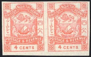 North Borneo SG40b 4c Rose-pink IMPERF PAIR U/M Cat 55++ Pounds