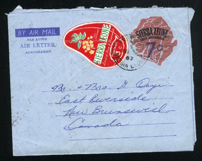 Sierra Leone Air letter Imprinted 7 c plus stamp  used 1967PD