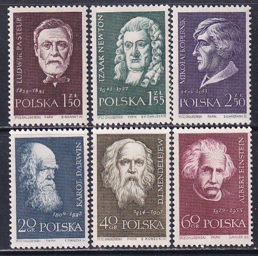 Poland 1959 Sc880-5 Darwin Einstein Mendelev Pasteur Newton Copernicus Stamp MNH