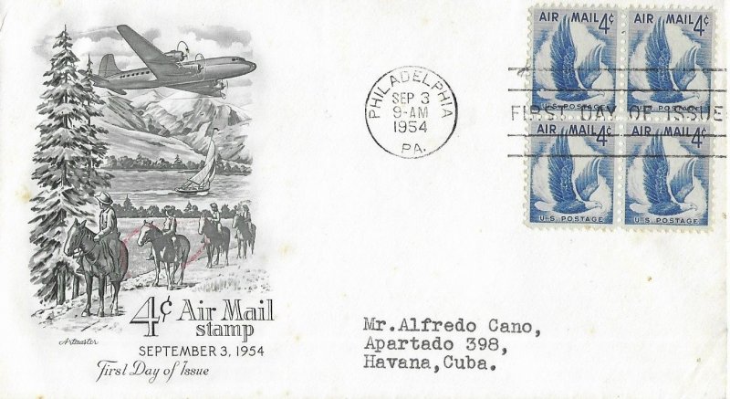 1954 Air Mail FDC, #C48, 4c Eagle, Artmaster, block of 4