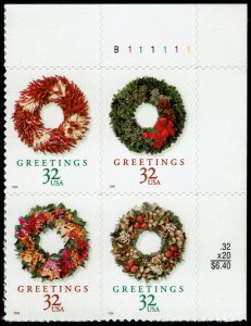United States #3249-52 Plate Block MNH - Christmas Wreaths (1998)