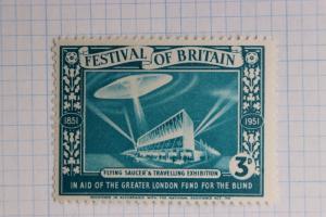 Festival Britain 1951 expo Flying Saucer UFO Alien Spaceship Blind aid Poster ad