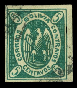 BOLIVIA 1867  CONDOR  5c  green   Scott # 2c used VF