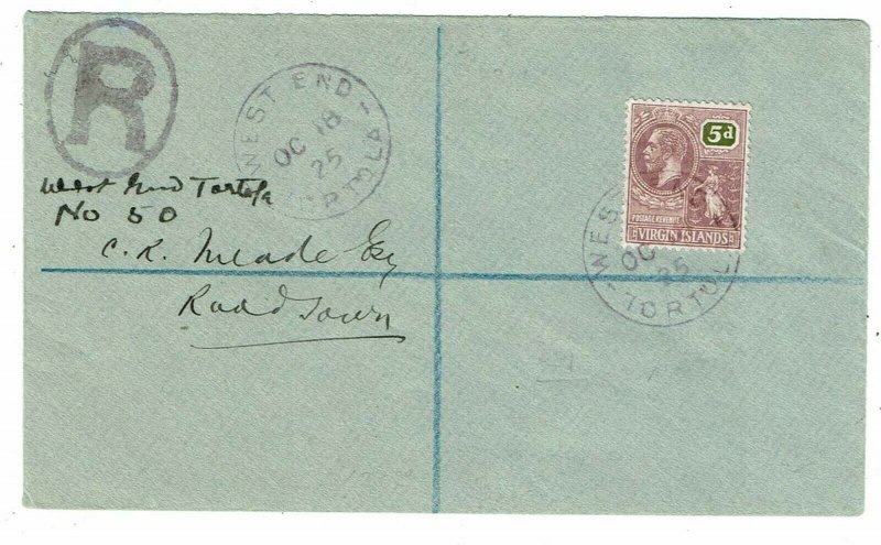 British Virgin Islands 1924 West End cancel on registered cover to Road Town