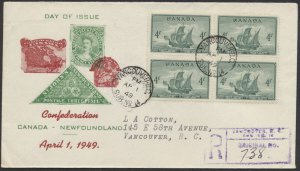 1949 #282 Newfoundland FDC, Block, Vignettes Cachet, Registered Vancouver Sub 14