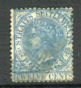 STRAITS SETTLEMENTS; 1867 classic QV Crown CC issue used shade of 12c.