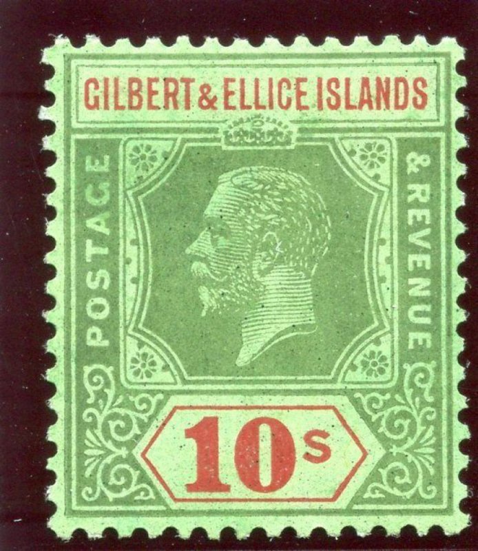 Gilbert & Ellice Is 1924 KGV 10s green & red/emerald MLH. SG 35. Sc 31.
