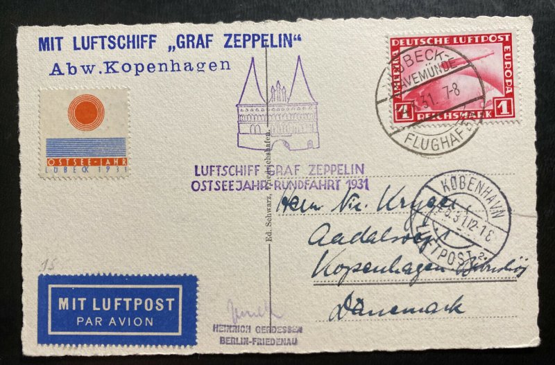 1931 Lubeck Germany Graf Zeppelin LZ127 Postcard Cover to Copenhagen Denmark C35