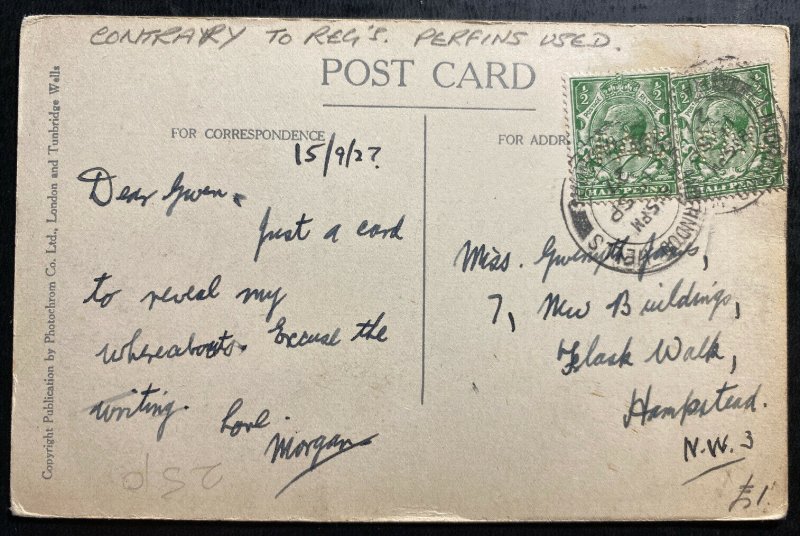 1927 England RPPC Postcard Cover To Hampstead Perfin Stamp Llandrindod Wells