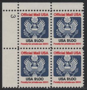 O132 $1.00 Official Mail Plate 3 UL Plate Block
