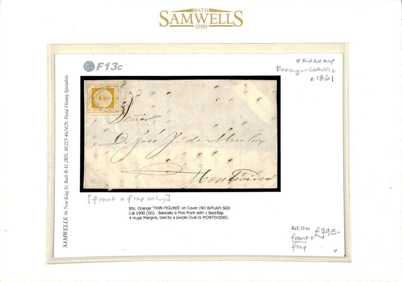 Uruguay CLASSIC *El Sol* SUN ISSUE 1859 80c Orange Part Cover SG.9 cat £900 F13c