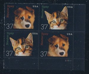 2002 Neuter & Spay Plate Block of 4 37c Postage Stamps, Sc# 3670-3671, MNH, OG