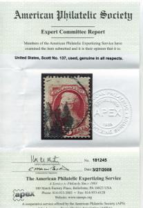 Scott #137 Lincoln Grill Used Stamp w/APS Cert (Stock#137-2)