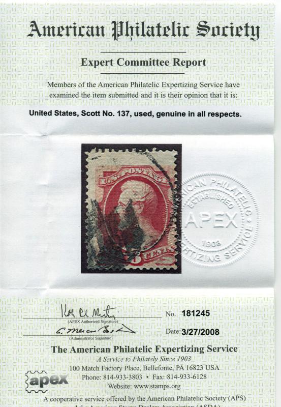 Scott #137 Lincoln Grill Used Stamp w/APS Cert (Stock#137-2)